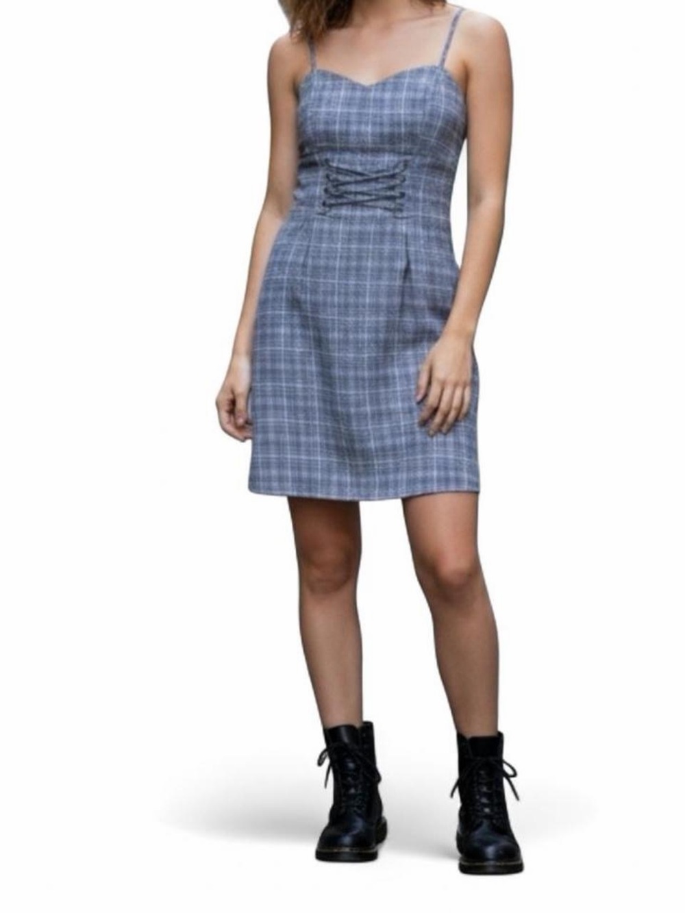 wild fable Blue Plaid Midi Dress with Lace-Up Bodice
